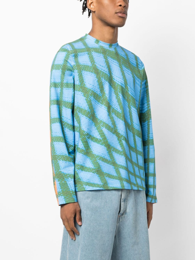 Bianca Saunders Carnell Warped Grid Long Sleeve T-shirt In 蓝色
