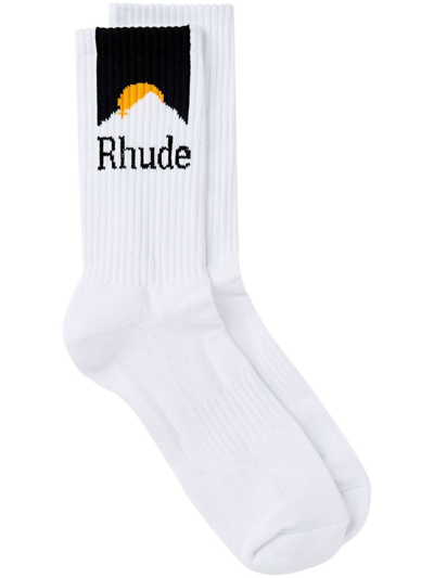 Shop Rhude Intarsia-knit Logo Socks In White