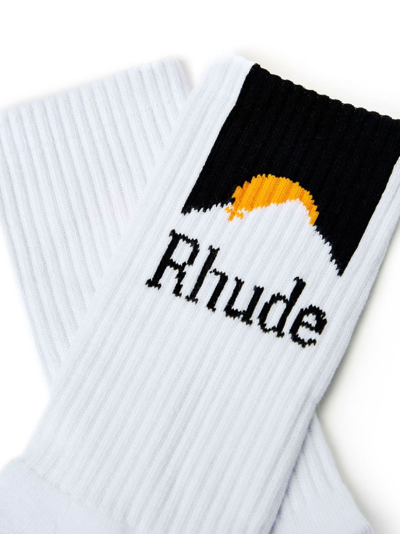 Shop Rhude Intarsia-knit Logo Socks In White