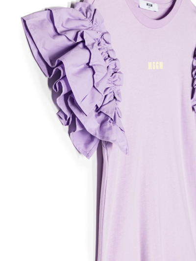 Shop Msgm Logo-print Ruffle-detail Dress In Purple