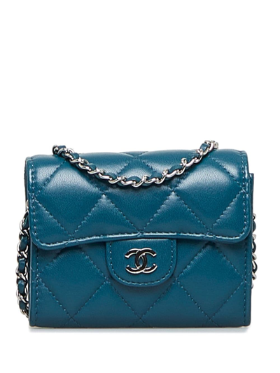 Pre-owned Chanel Mini Classic Flap Wallet-on-chain In Blue