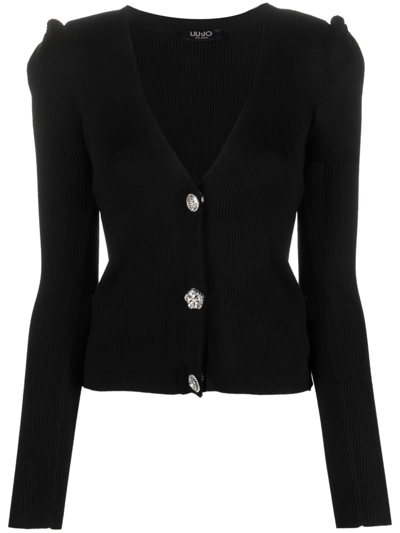 Shop Liu •jo V-neck Ribbed-knit Cardigan In Black