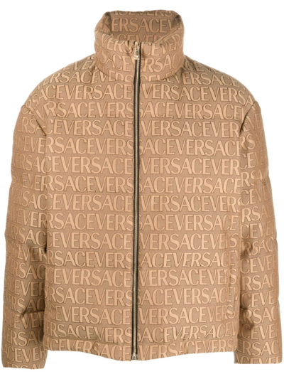 Shop Versace Padded Jacket With Jacquard Logo In Brown