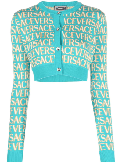 Shop Versace Repeat` Knit Cardigan In Blue