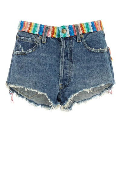 Alanui Crochet Applique Denim Honolulu Wash Blue Shorts