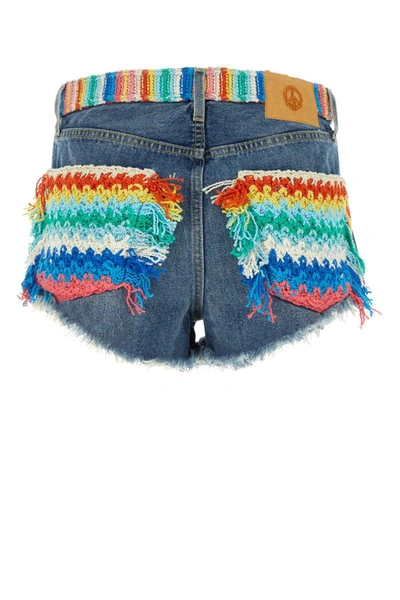 Alanui Crochet Applique Denim Honolulu Wash Blue Shorts