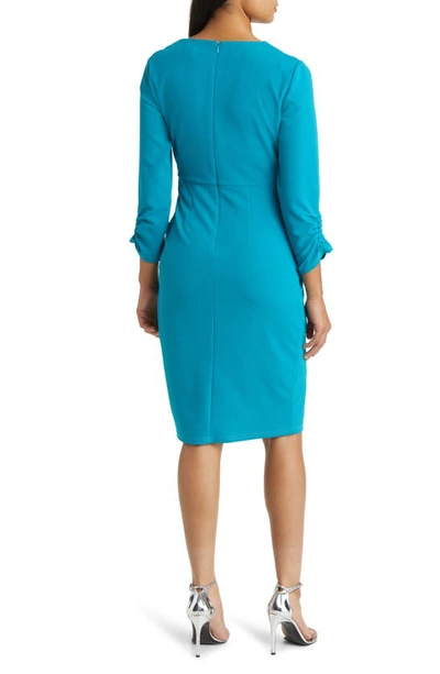 Shop Tahari Asl Side Knot Long Sleeve Knit Dress In Peacock Blue