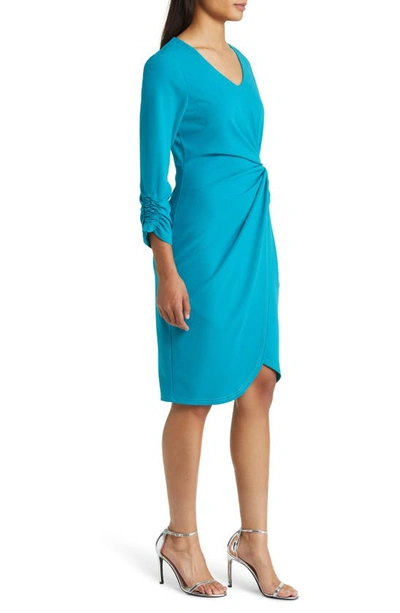 Shop Tahari Asl Side Knot Long Sleeve Knit Dress In Peacock Blue