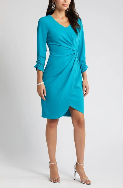 Shop Tahari Asl Side Knot Long Sleeve Knit Dress In Peacock Blue