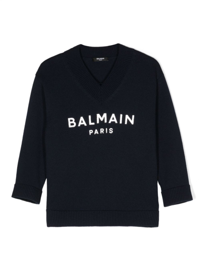 Balmain Metallic Intarsia-logo Jumper In Blau