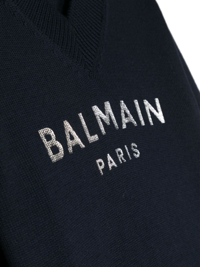 Balmain Metallic Intarsia-logo Jumper In Blau