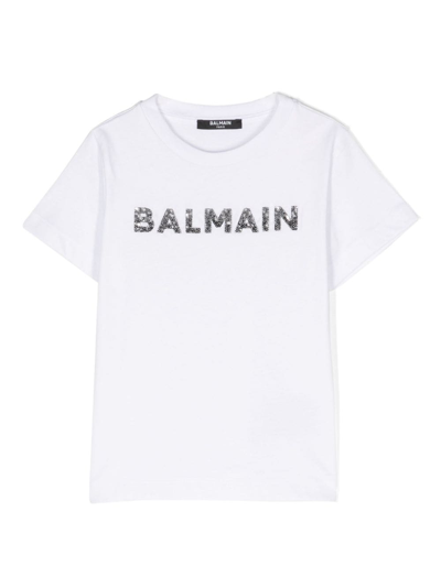 Balmain Sequin-embellished Logo T-shirt In Weiss