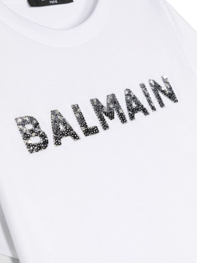 Shop Balmain Sequin-embellished Logo T-shirt In Weiss