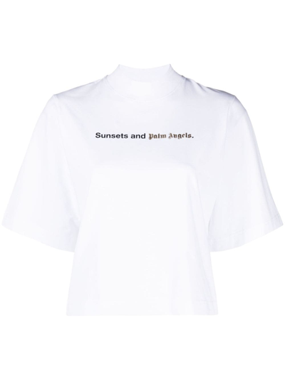 Shop Palm Angels Sunsets-print Jersey T-shirt In 0110 White Black