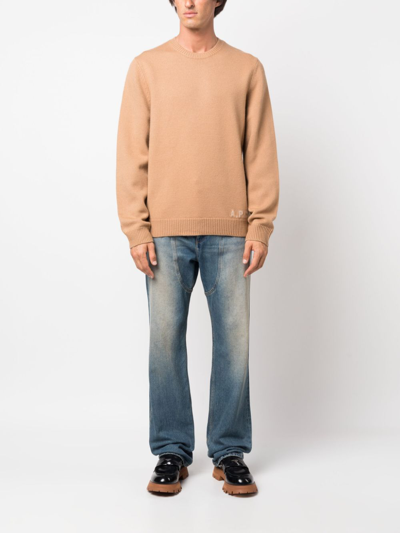 Shop Apc Edward Logo-intarsia Wool Jumper In Brown