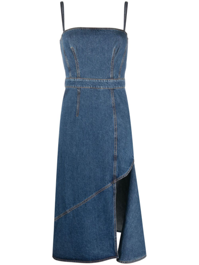 Shop Alexander Mcqueen Asymmetric Denim Midi Dress In Blue