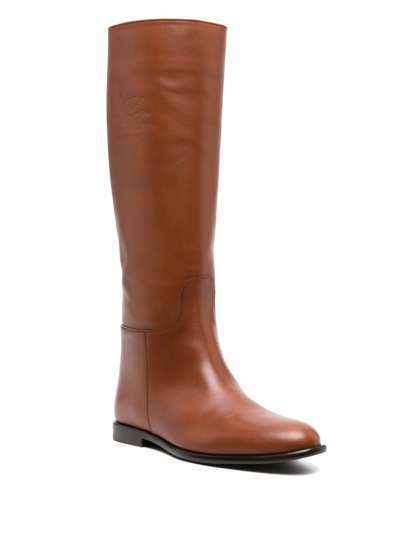 Shop Etro Debossed-logo Leather Boots In Braun