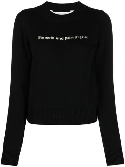 Shop Palm Angels Sunsets-embroidered Merino-blend Jumper In Black