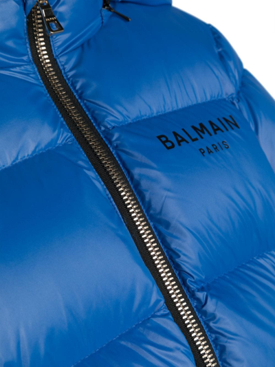 Shop Balmain Logo-print Hooded Quilted Jacket In Blue