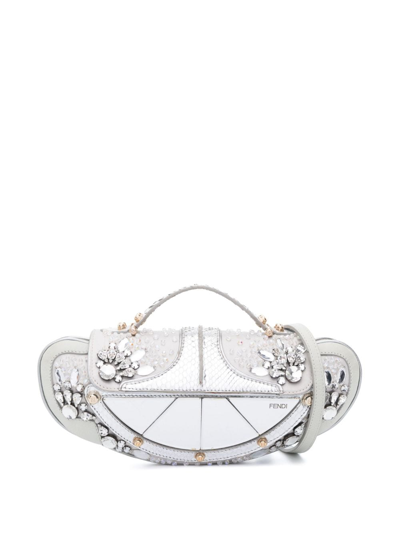 Pre-owned Fendi Small Rhinestone-embellished Two-way Handbag In Silver