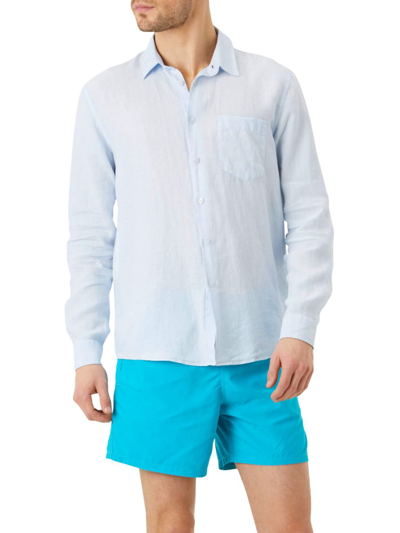 Shop Vilebrequin Men's Long-sleeve Linen Shirt In Bleu Ciel
