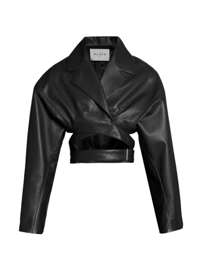 Shop Alaïa Women's Cropped Wrap Leather Jacket In Black