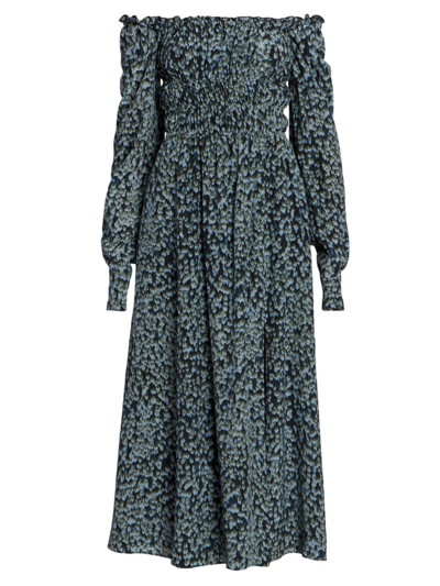 Shop Altuzarra Women's Lillian Smocked Silk Midi-dress In Stormcloud Feather