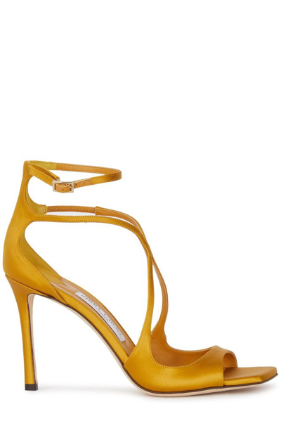 Shop Jimmy Choo Azia 95 Satin Ankle Strapped Sandals In Yellow