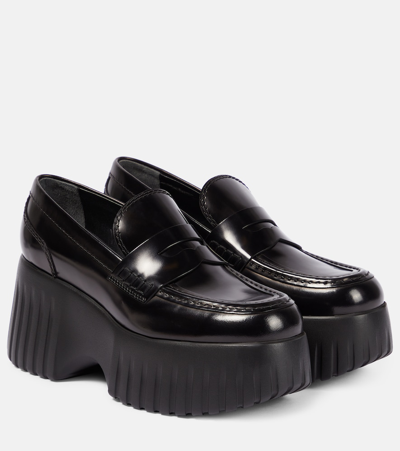 Shop Hogan H-stripes Wedge Leather Loafers In Black