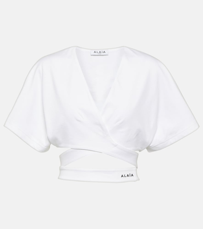 Shop Alaïa Logo Cotton Jersey Crop Top In White