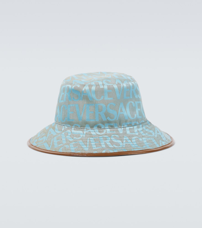 Shop Versace Allover Canvas Bucket Hat In Blue