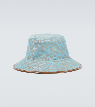 Shop Versace Allover Canvas Bucket Hat In Blue