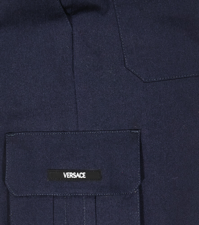 Shop Versace Greca Cotton Straight Pants In Blue