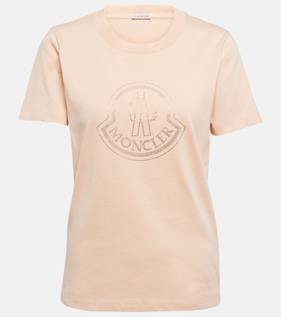 Shop Moncler Logo Embellished Cotton T-shirt In Beige