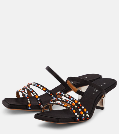 Shop Marni Melrose Crystal-embellished Satin Mules In Black