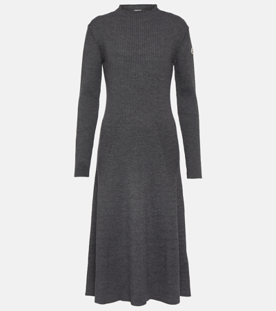 Shop Moncler Ribbed-knit Wool Blend Midi Dress In Grey