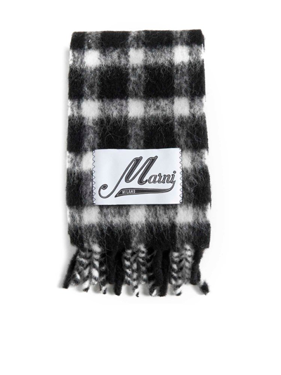 Shop Marni Checked Fringed Scarf In Black