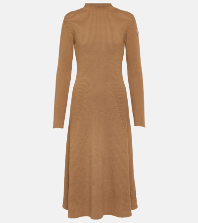 Shop Moncler Ribbed-knit Wool-blend Midi Dress In Brown