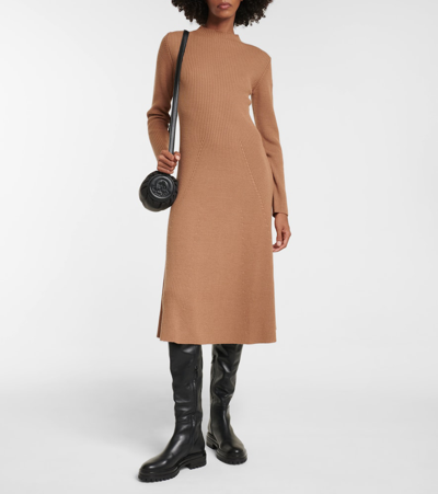 Shop Moncler Ribbed-knit Wool-blend Midi Dress In Brown