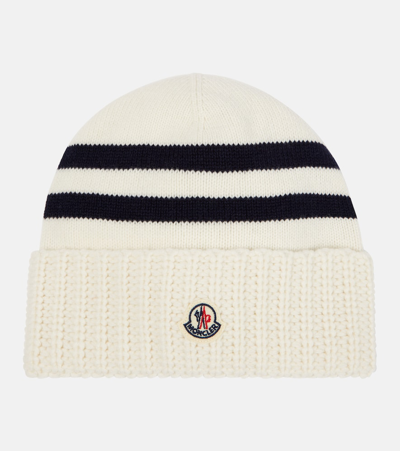 Shop Moncler Striped Wool And Cashmere Beanie In White
