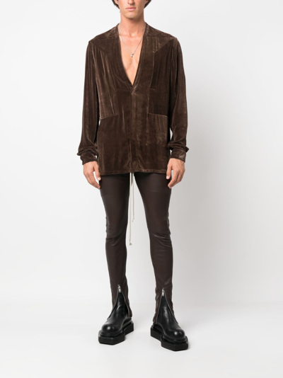 Shop Rick Owens Plunge V-neck Velvet Shirt In Brown