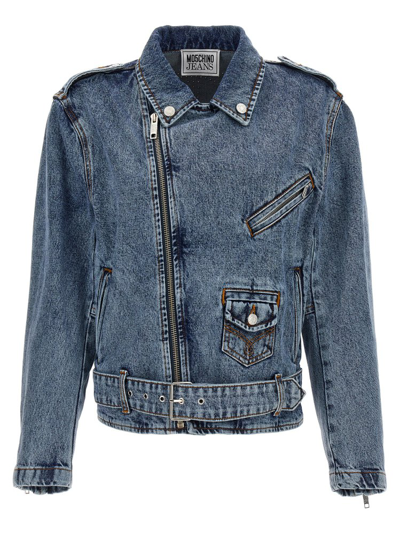 Shop Moschino Jeans Embellished Denim Jacket In Blue