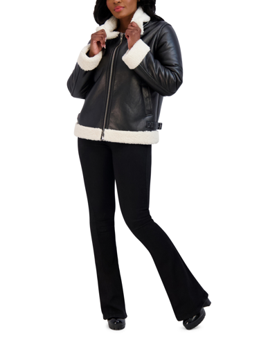 Shop Steve Madden Juniors' Fleece-lined Moto Jacket In Black
