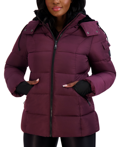 Shop Steve Madden Juniors' Faux-fur-lined Hooded Puffer Coat, Created For Macy's In Merlot