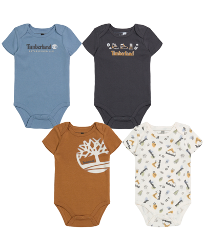 Shop Timberland Baby Boys Short Sleeve Bodysuits, Pack Of 4 In Brown Sugar