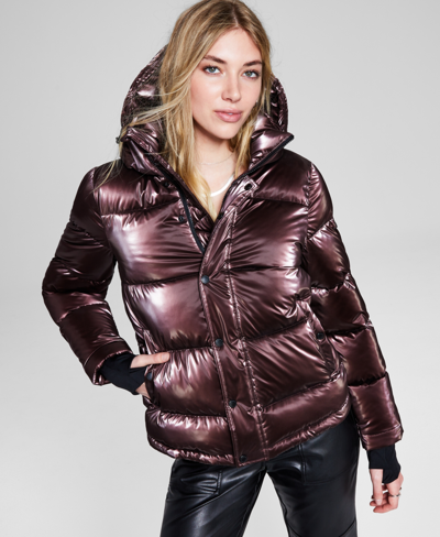 Shop Bcbgeneration Women's Hooded Thumbhole-cuff Puffer Coat In Liquid Raisin