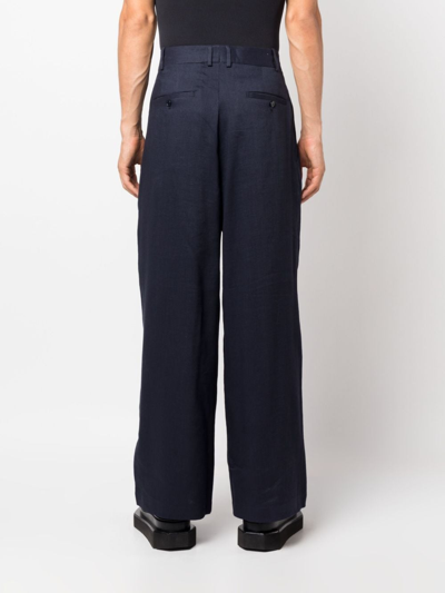 Shop Hed Mayner Elongated Tailored Linen-blend Trousers In Blue