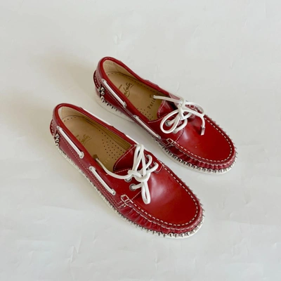 Pre-owned Christian Louboutin Red Leather Spike Boat Shoes, 36.5