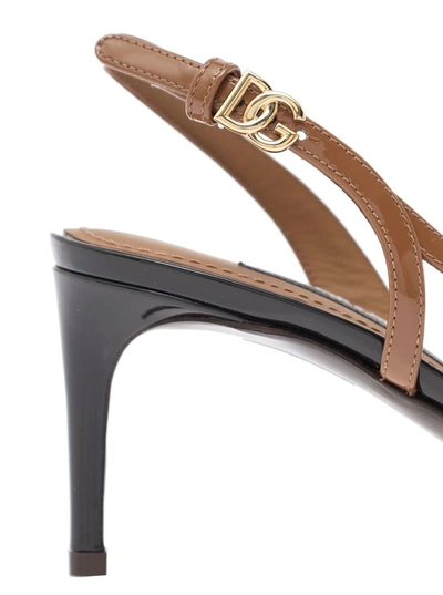 Shop Dolce & Gabbana 60 Mm Heel Lollo Last Sling Back In Patent Leather Enriched With Toe In Contrast In Brown