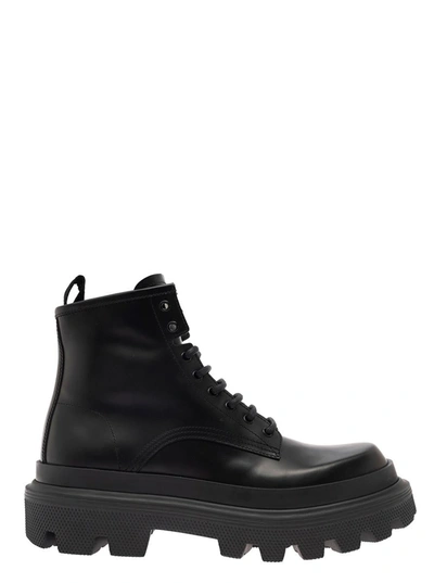 Dolce & Gabbana Black Ankle Boots With Chunky Platform And Logo Plaque In Leather Blend Man In Black